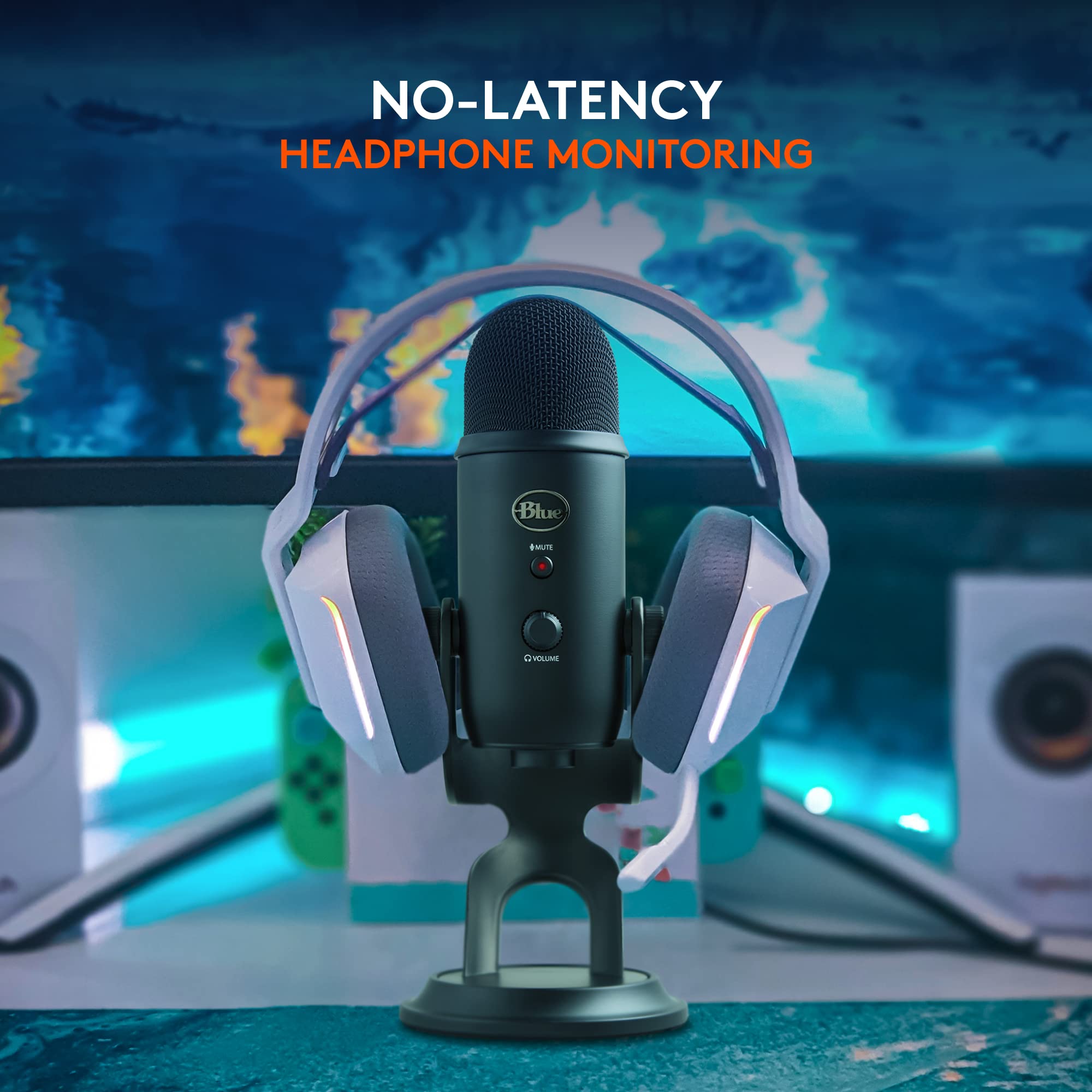 Logitech G Yeti junto a una regla para comparar tamaño, escala compacta