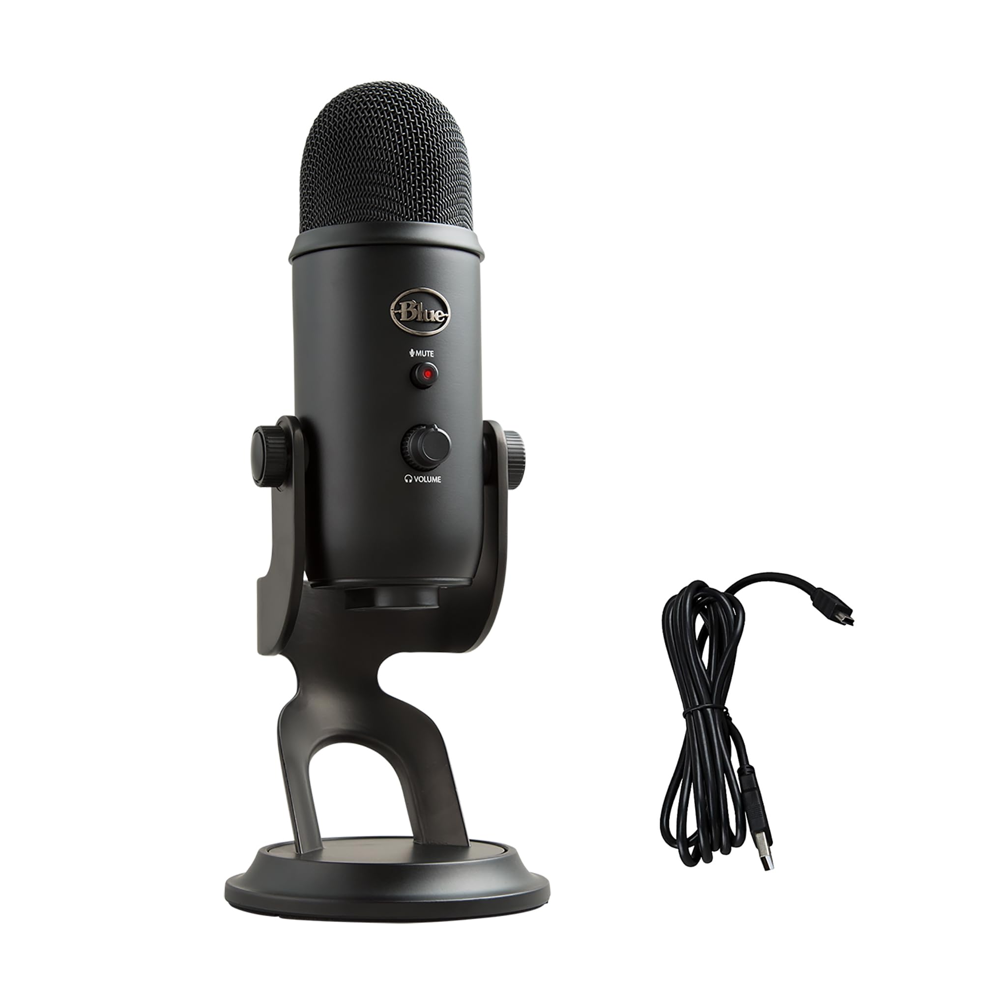 Logitech G Yeti frontal mostrando diseño y acabado blackout, calidad profesional