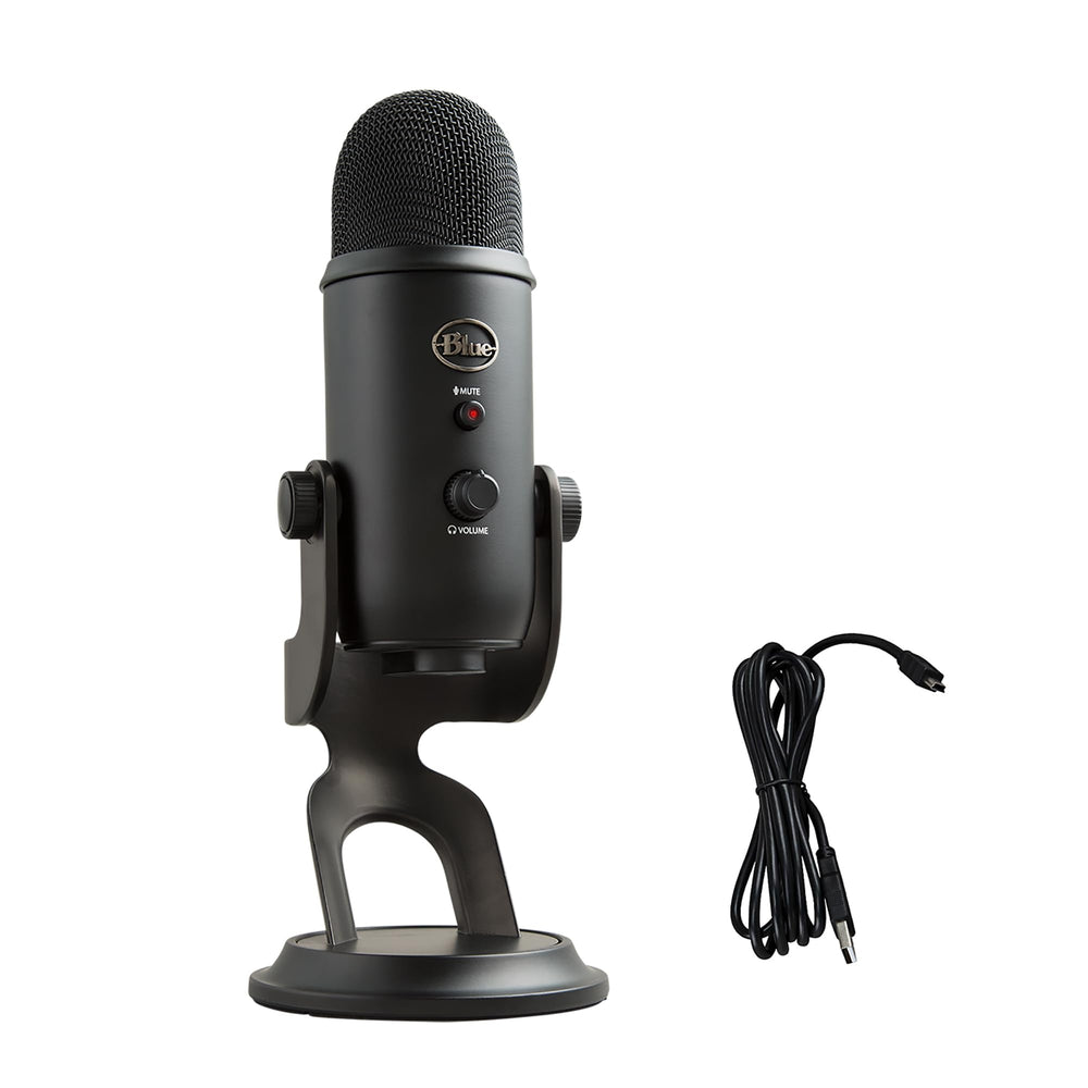 Logitech G Yeti frontal mostrando diseño y acabado blackout, calidad profesional