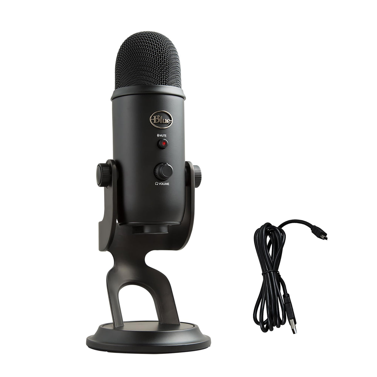 Logitech G Yeti frontal mostrando diseño y acabado blackout, calidad profesional