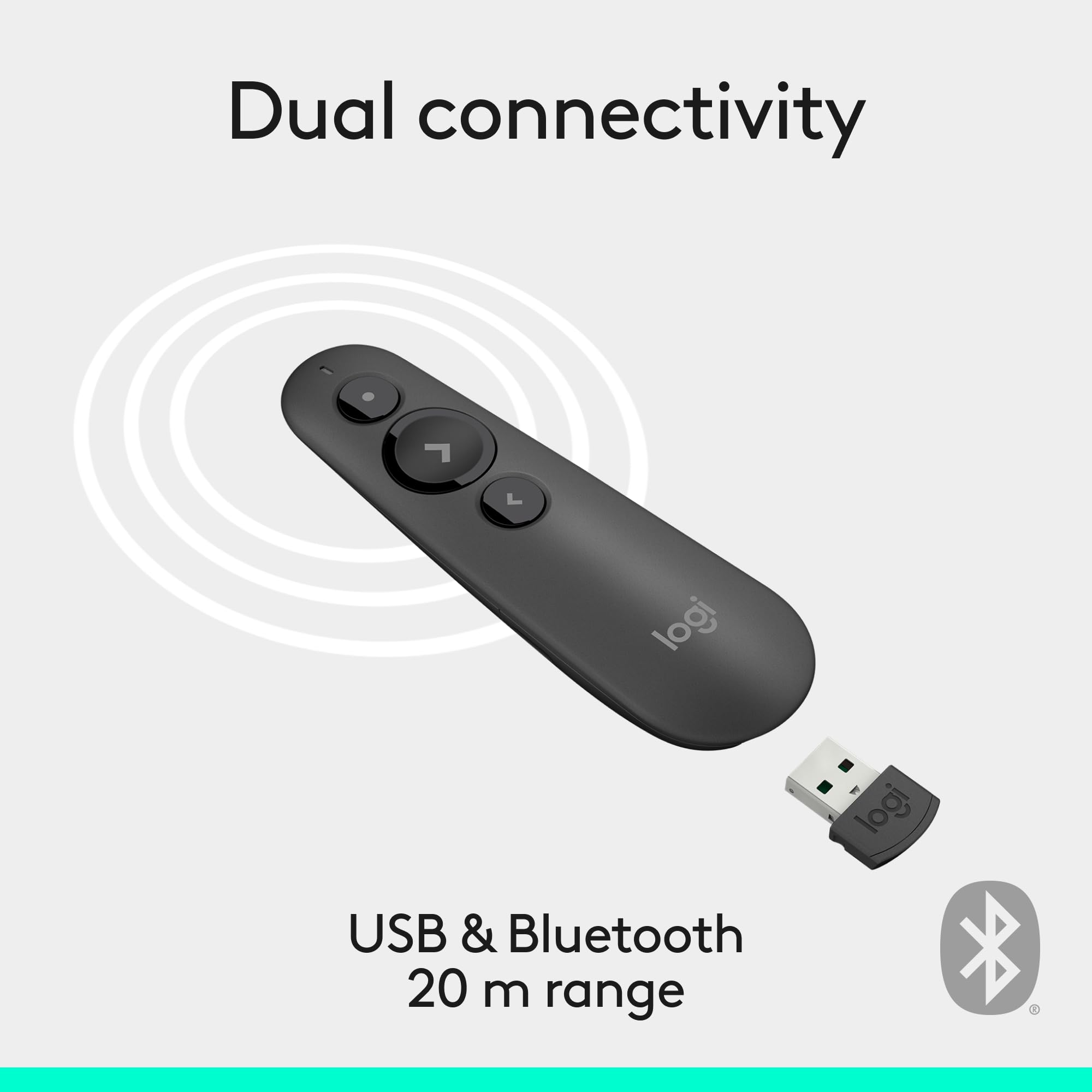 Logitech R500s comparado con una mano para mostrar tamaño compacto