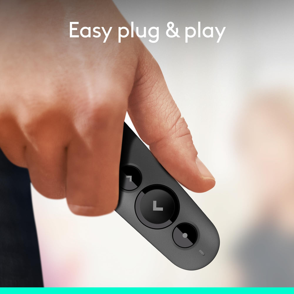 Logitech R500s puntero láser rojo iluminando una diapositiva claramente