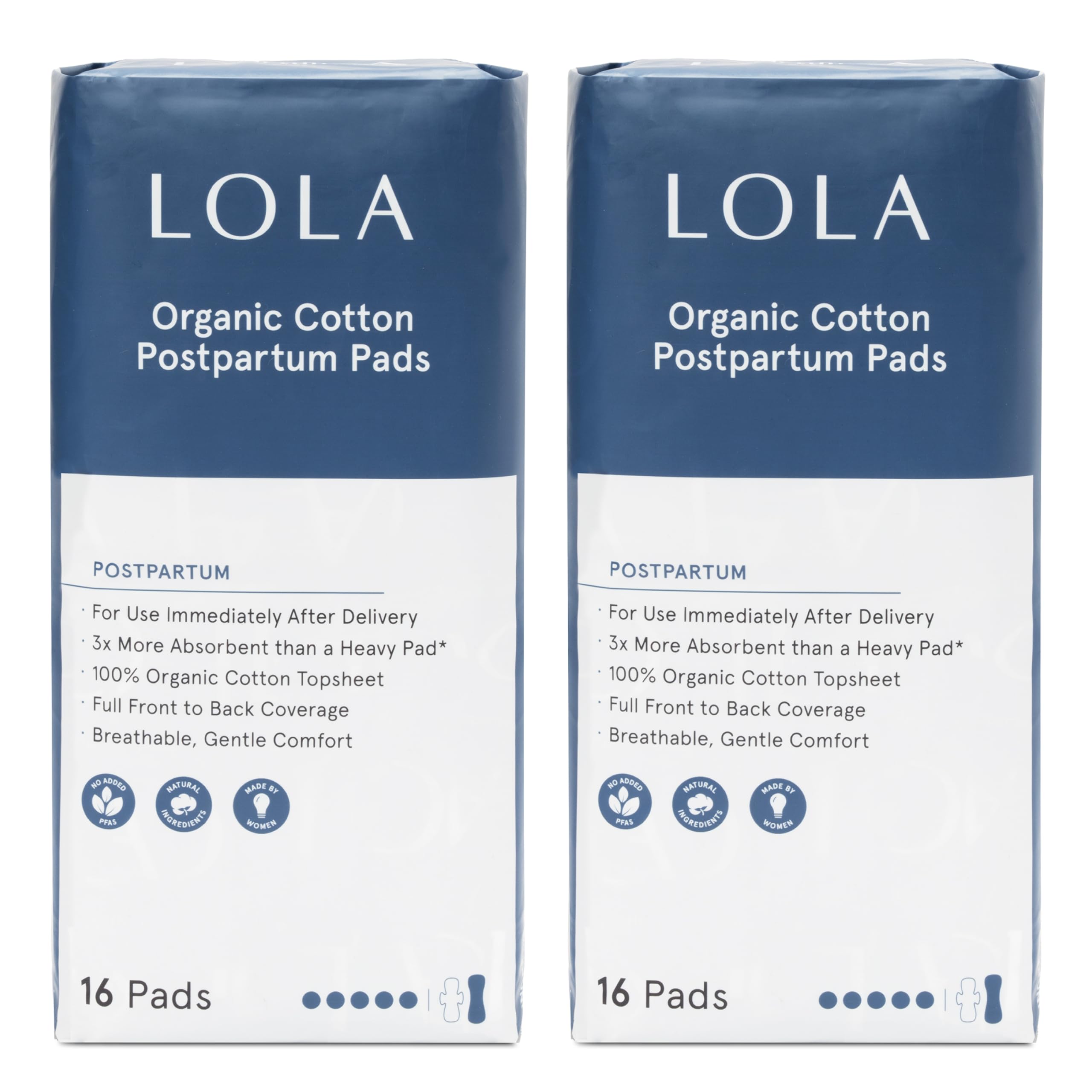 LOLA empaque frontal mostrando 32 compresas para recuperación cómoda