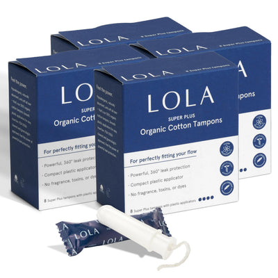 LOLA frontal del paquete mostrando 32 tampones y beneficio de cobertura prolongada