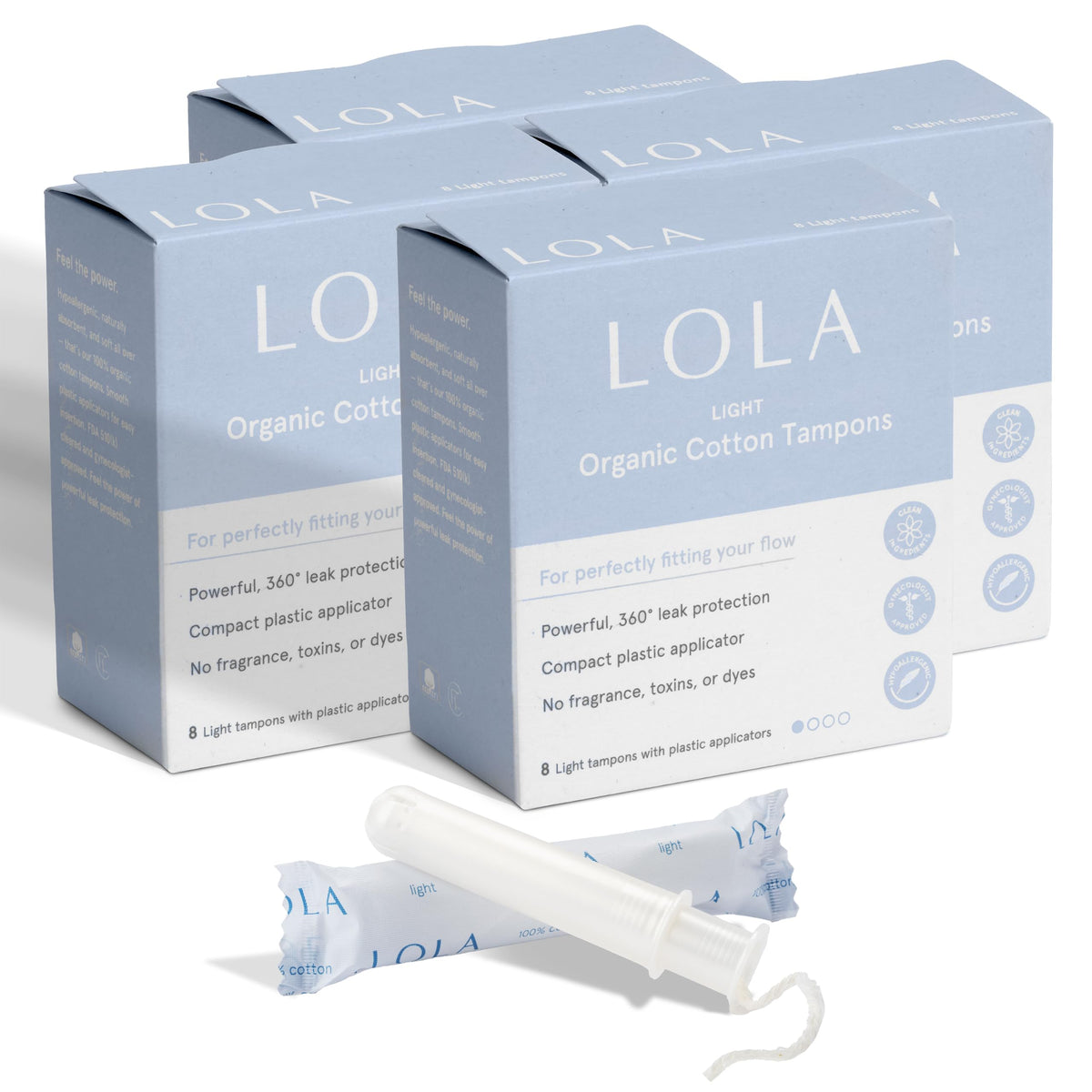 LOLA empaque frontal de 32 tampones Light mostrando diseño claro y cantidad