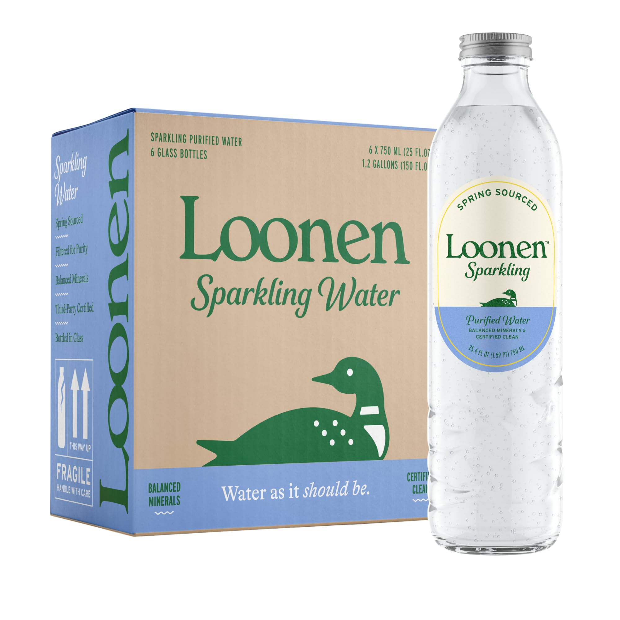 Loonen glass six-pack front view showing clean packaging and reusable benefit