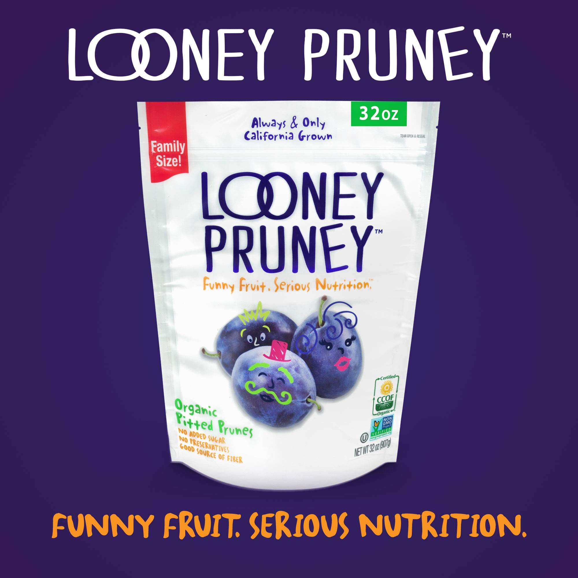 Looney Pruney held in hand showing 32 oz scale and family-size value