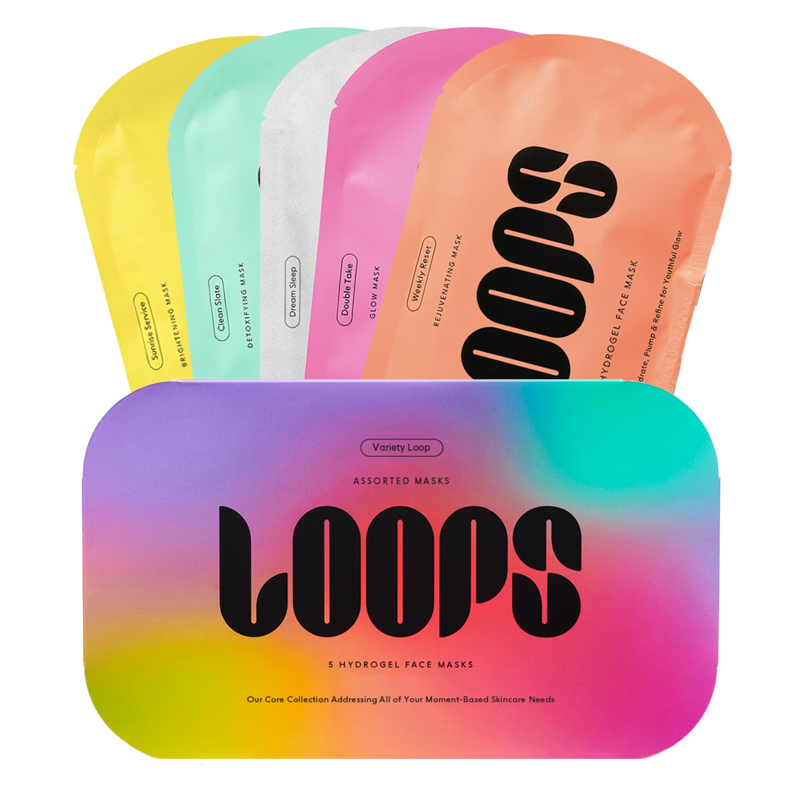 LOOPS frente del empaque mostrando kit de 5 mascarillas y beneficios