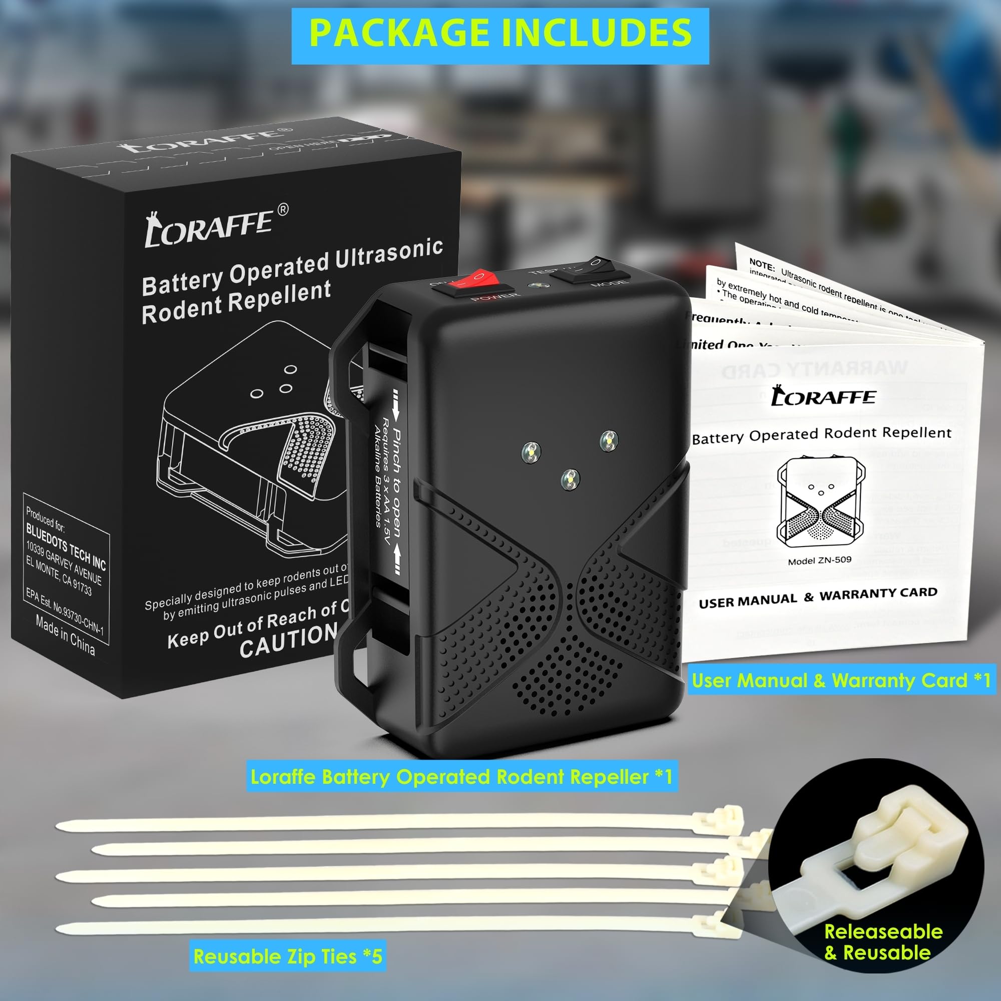 Loraffe placed in garage protecting stored vehicle and equipment from rodents