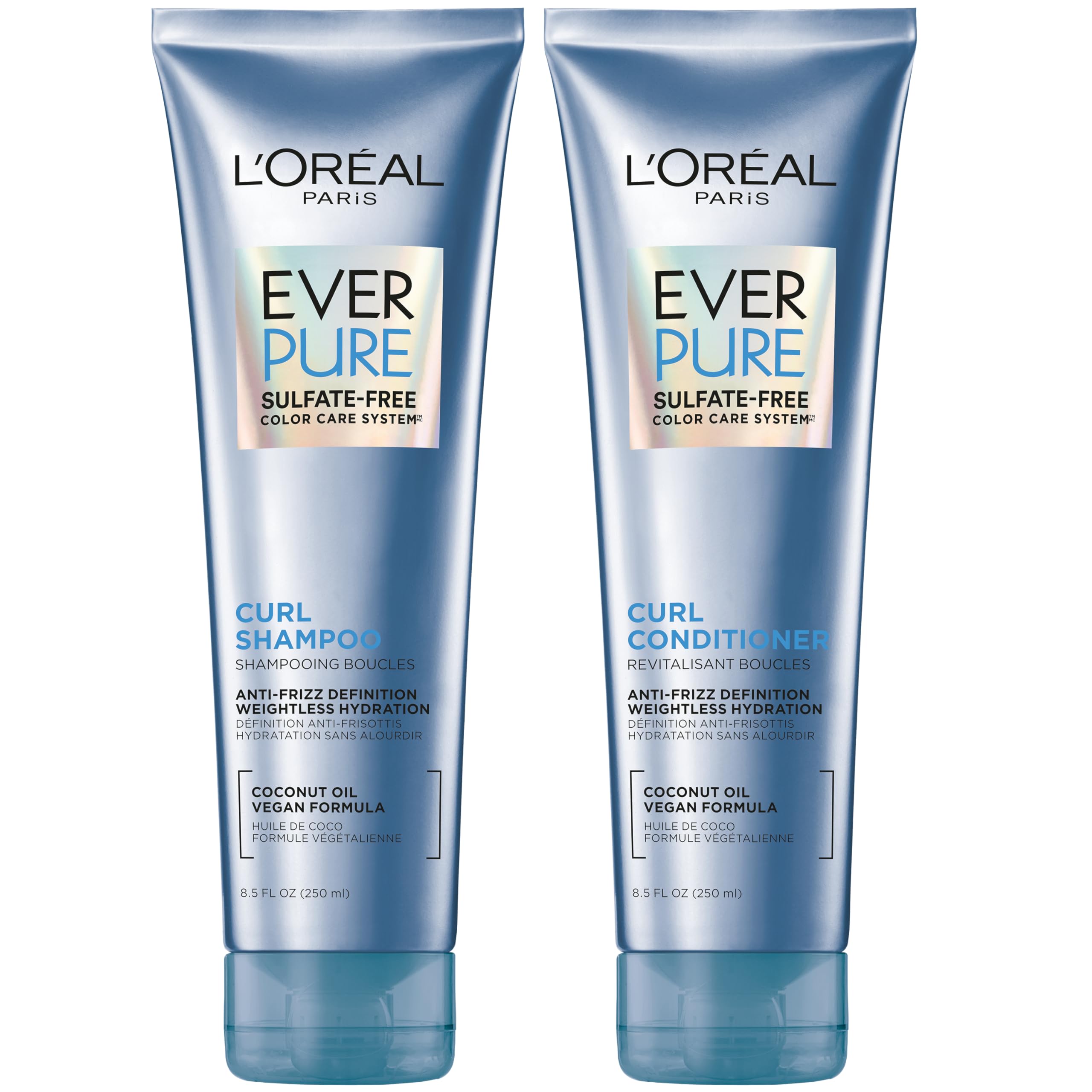 L'Oreal Paris front packaging showing shampoo and conditioner, clear product view and brand benefit