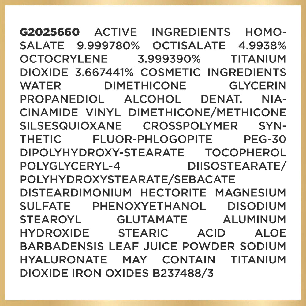 L'Oreal Paris etiqueta con SPF 50 y activos como vitamina B3 legible