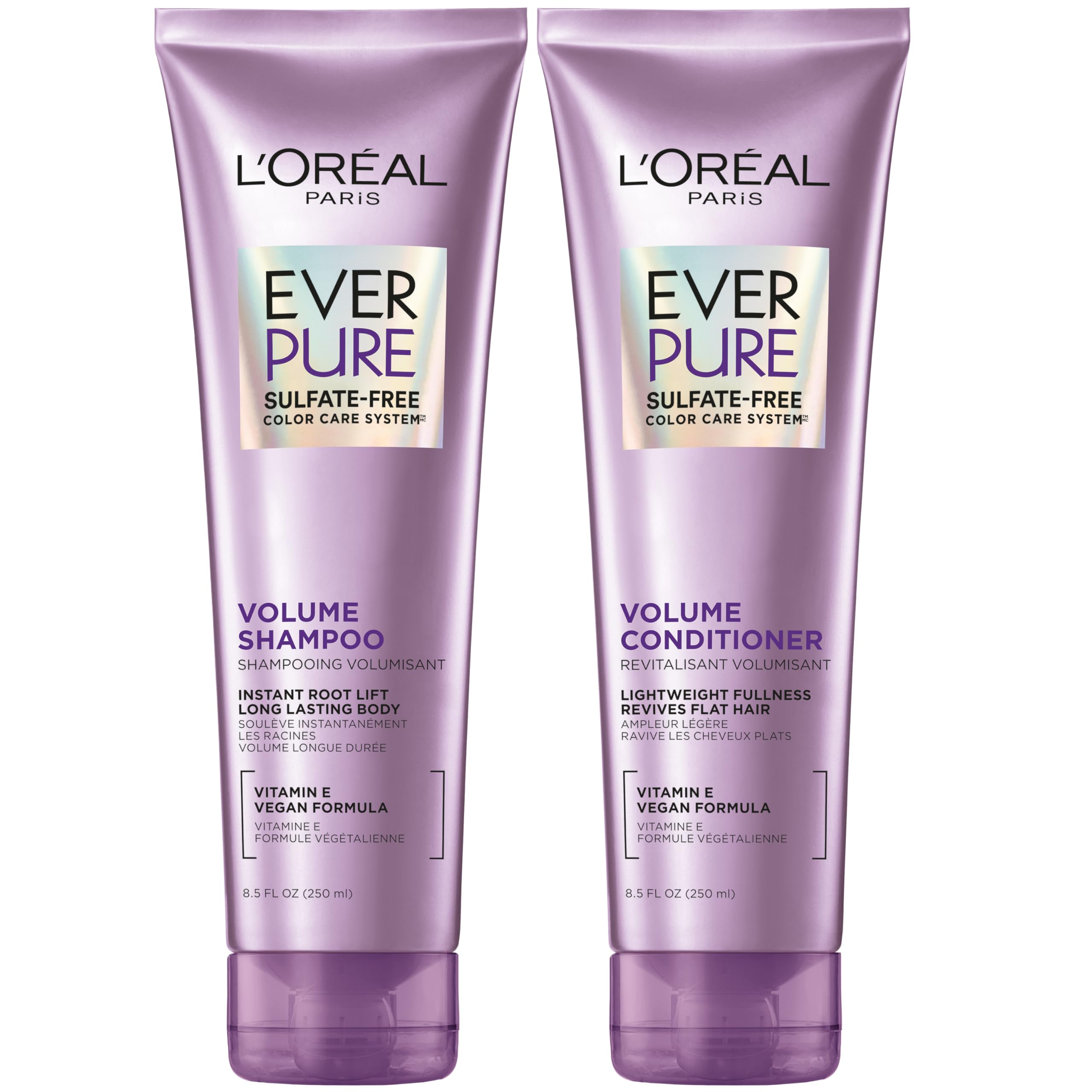 L'Oreal Paris set frontal mostrando champú y acondicionador, aporta volumen