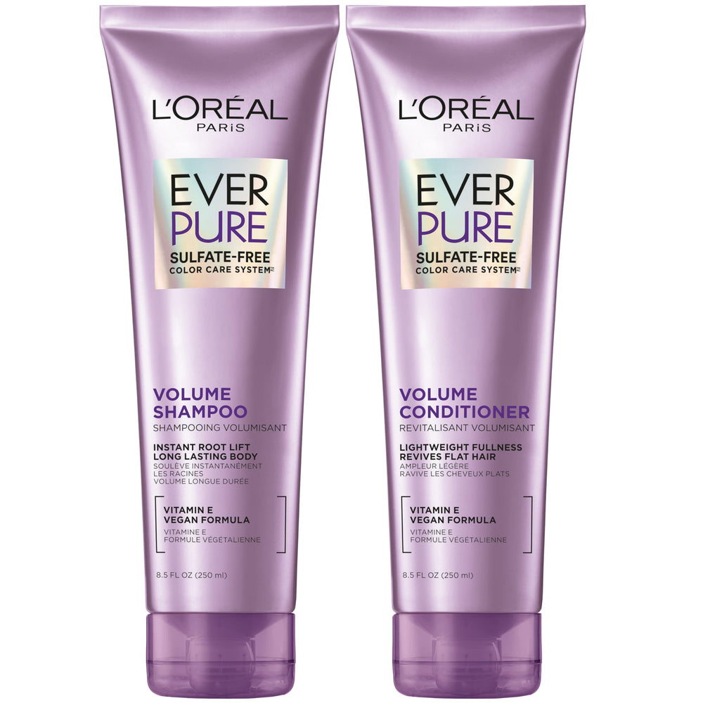 L'Oreal Paris set frontal mostrando champú y acondicionador, aporta volumen