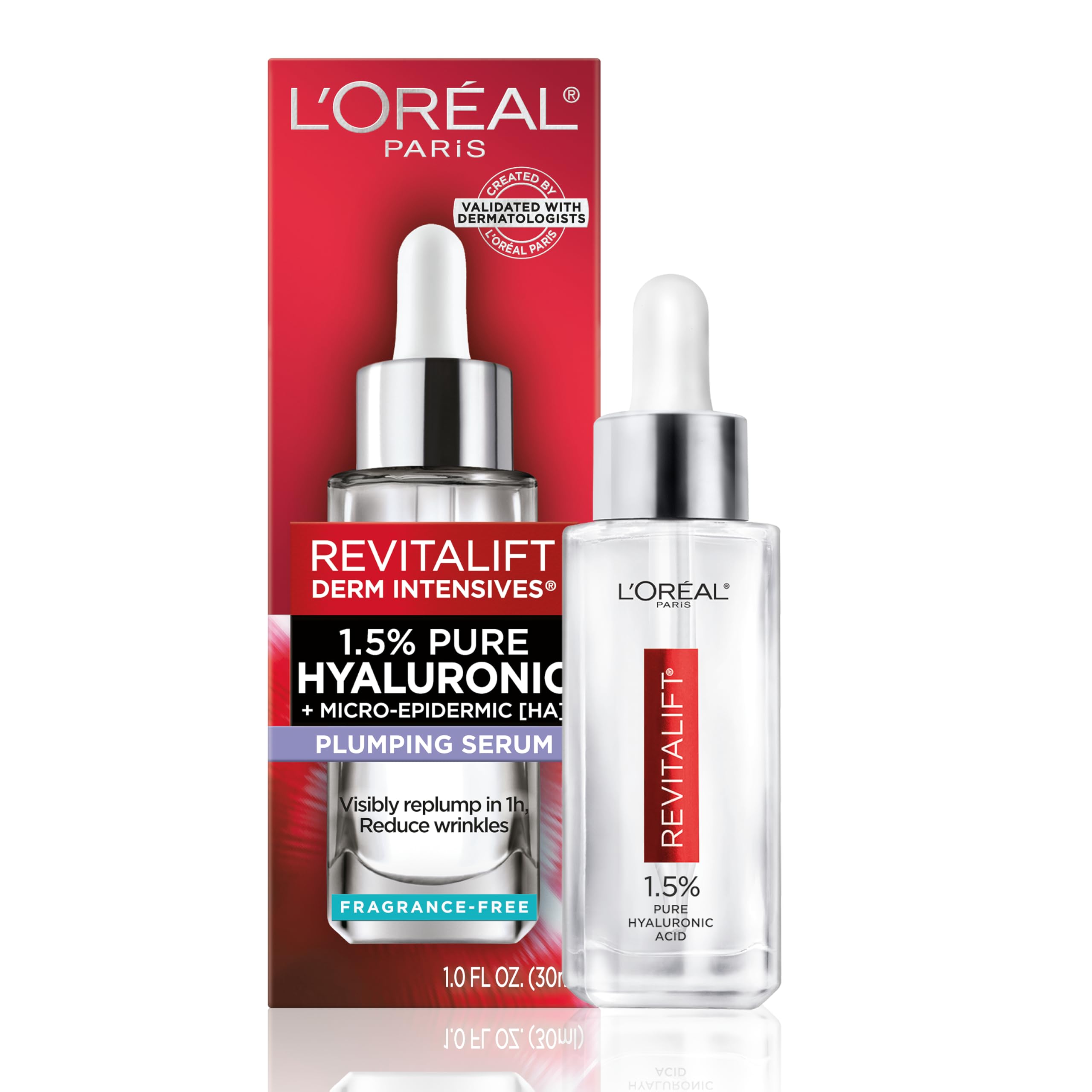 L'Oreal Paris frasco frontal mostrando el diseño y beneficio hidratante visible