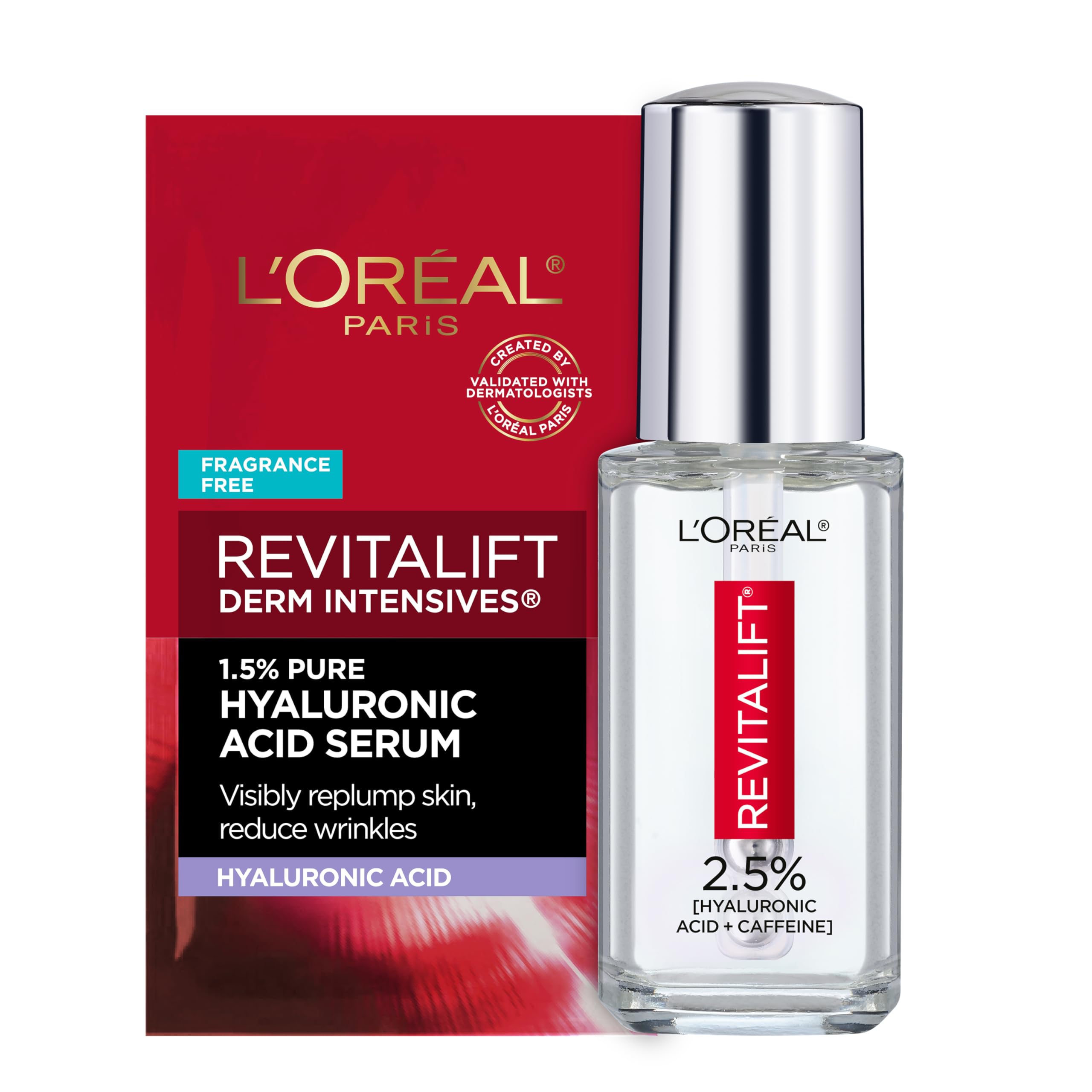 L'Oreal Paris frasco frontal que muestra el producto y su tamaño práctico