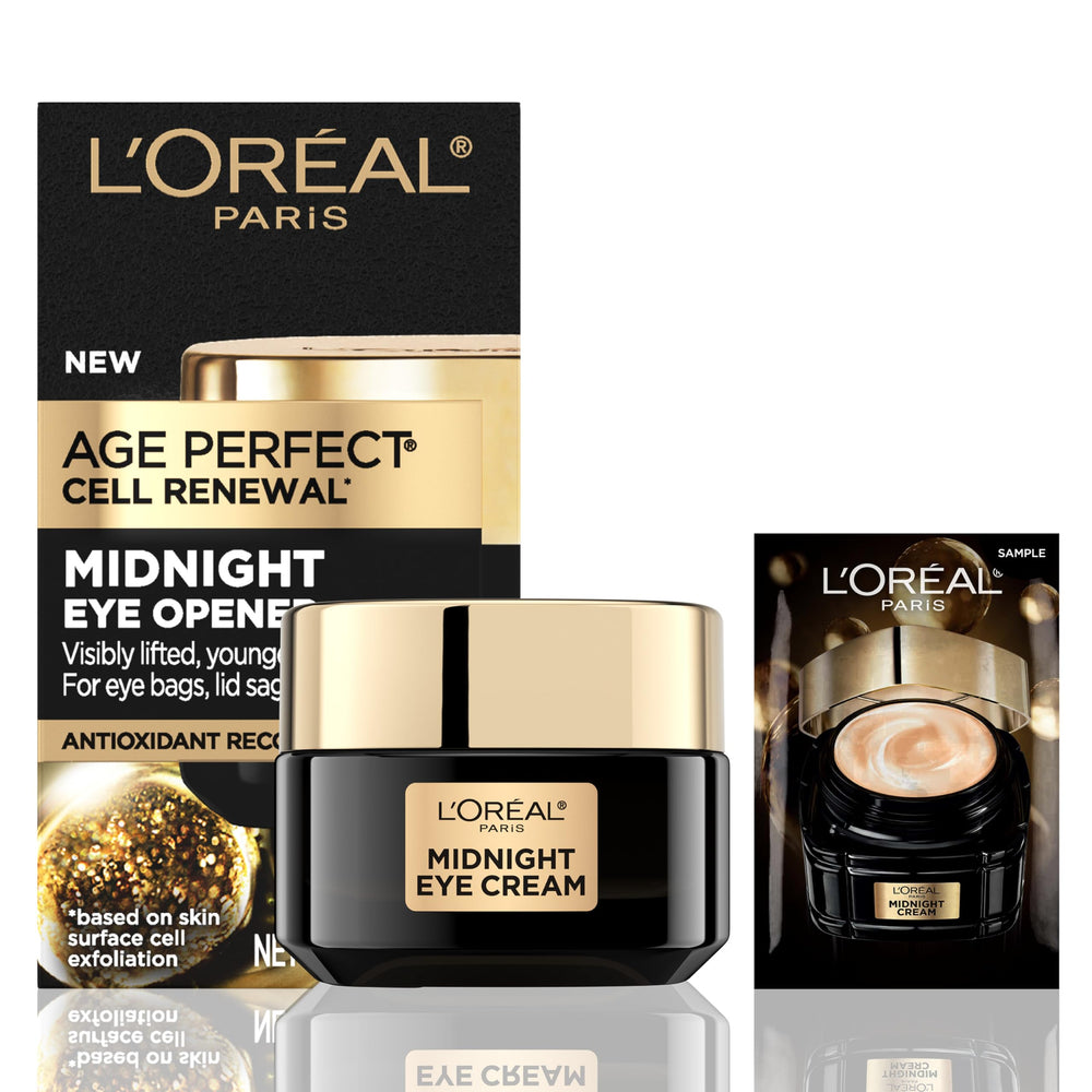 L'Oreal Paris crema Midnight Eye vista frontal con envase elegante y beneficios reafirmantes