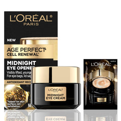 L'Oreal Paris crema Midnight Eye vista frontal con envase elegante y beneficios reafirmantes