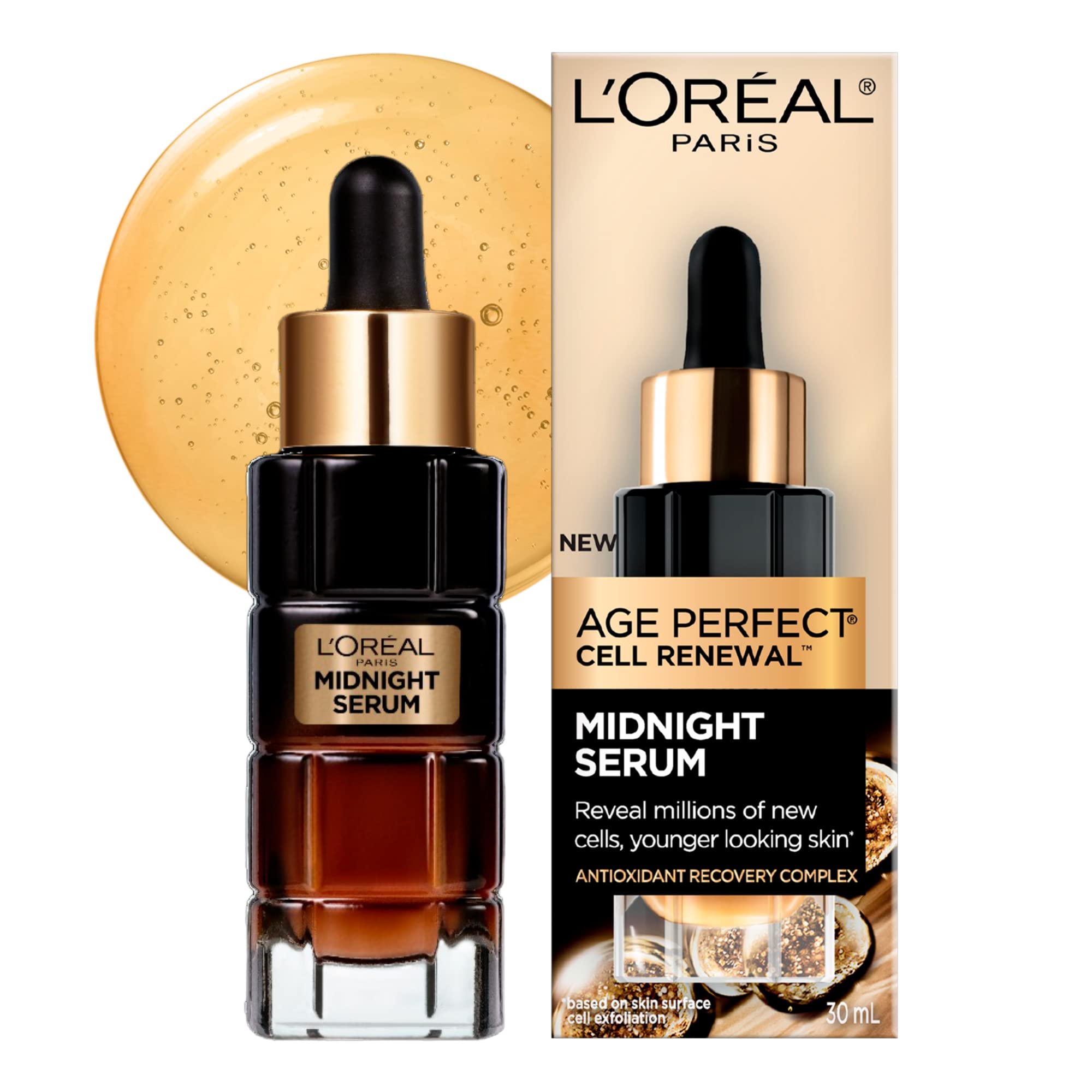L'Oreal Paris frasco frontal del sérum nocturno muestra presentación y beneficio hidratante