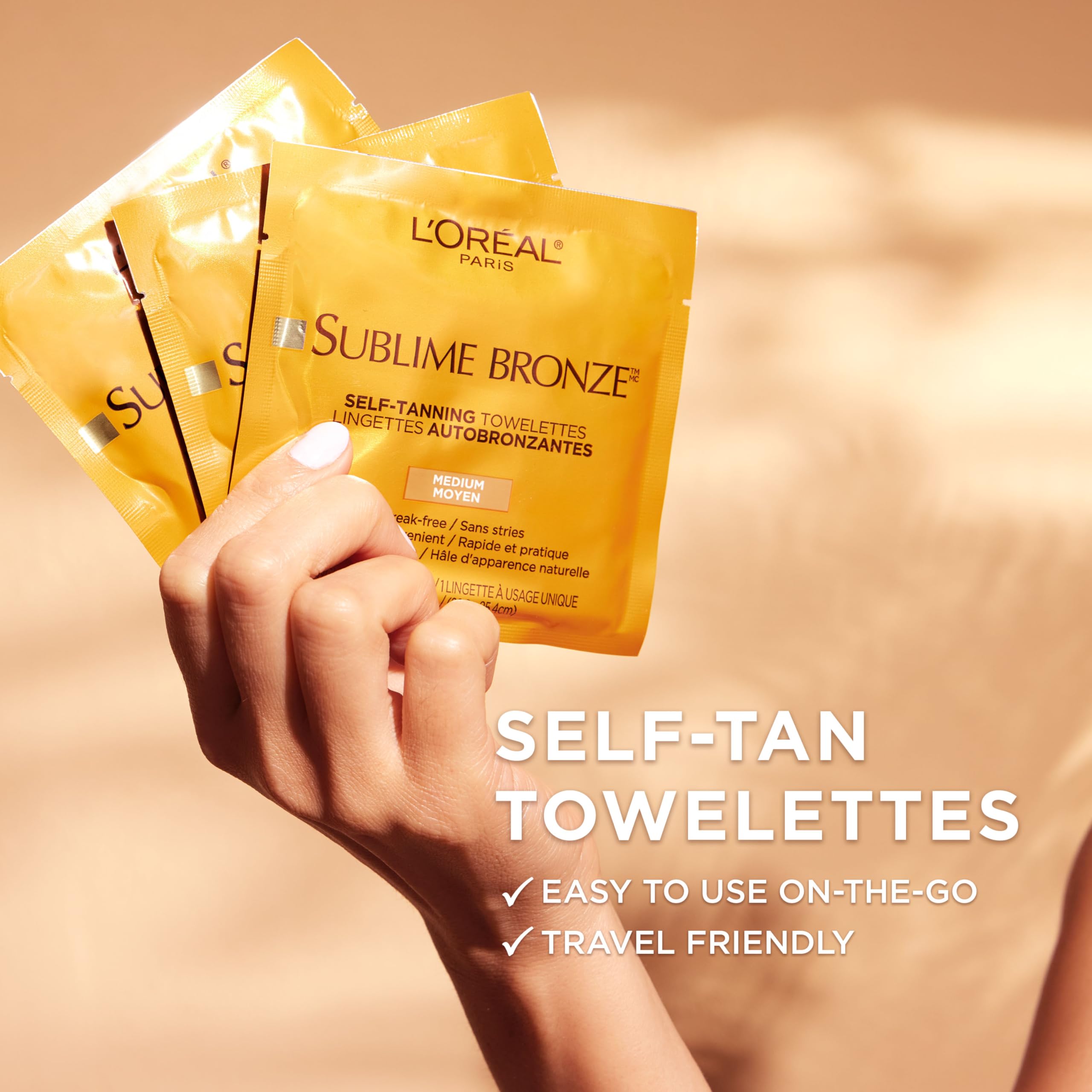 L'Oreal Paris single towelette removed from wrapper, easy single-use convenience