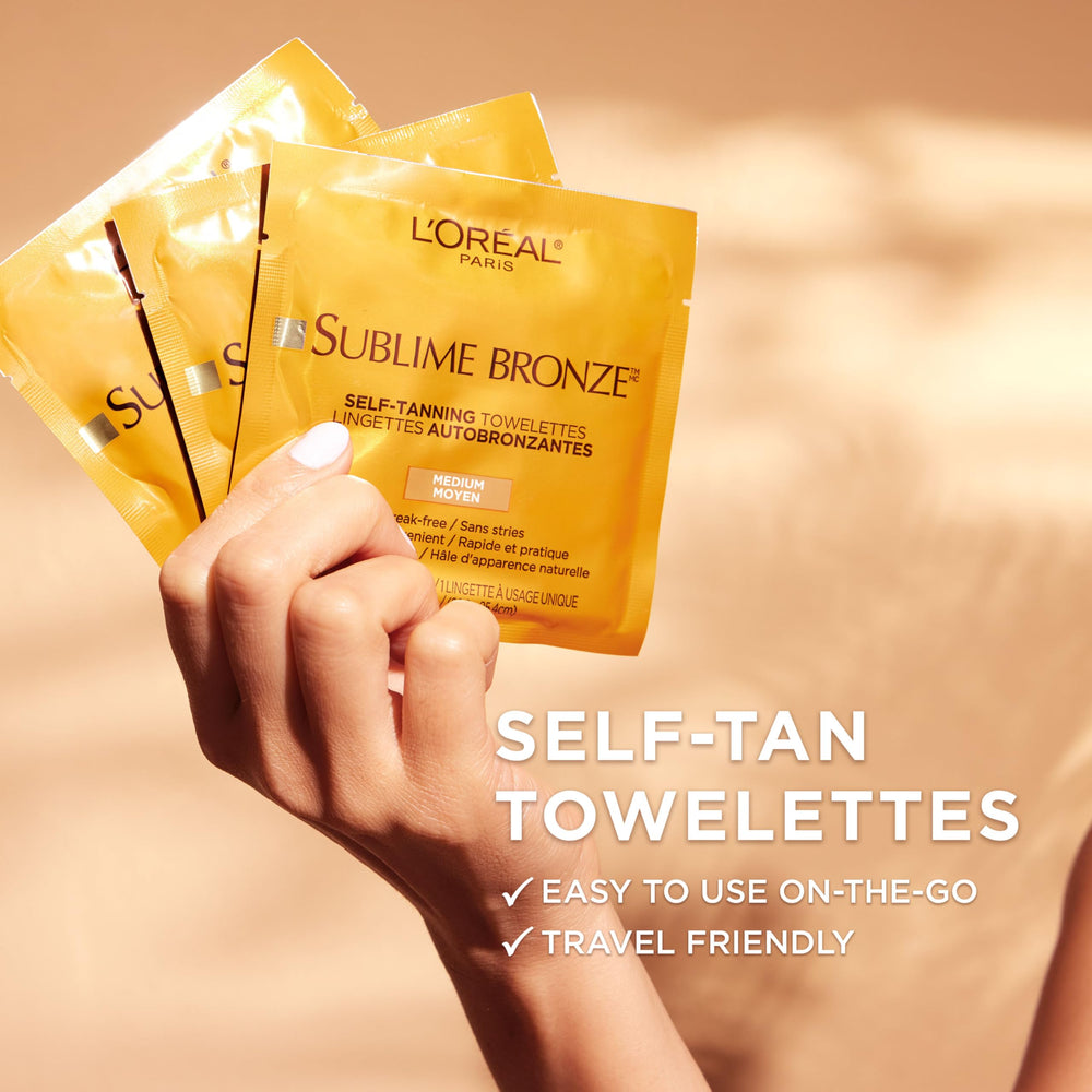 L'Oreal Paris single towelette removed from wrapper, easy single-use convenience