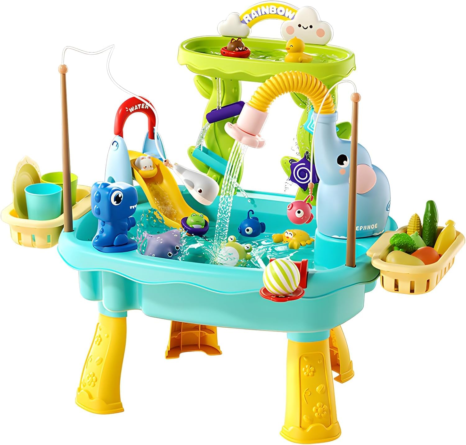 Lorveina front view of blue play table showing features and stability