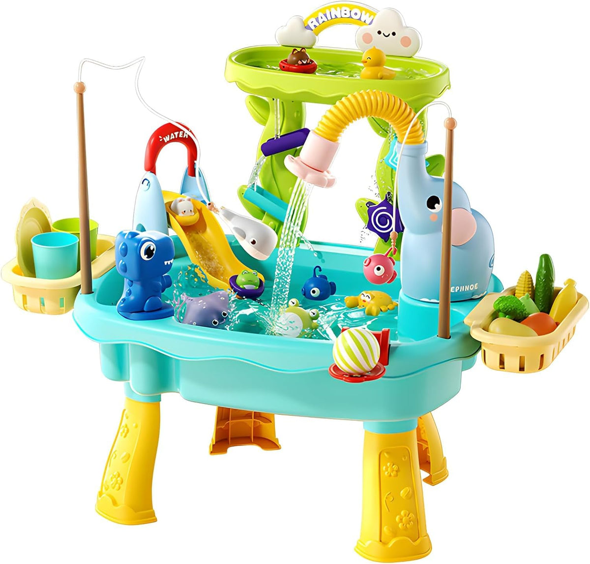 Lorveina front view of blue play table showing features and stability