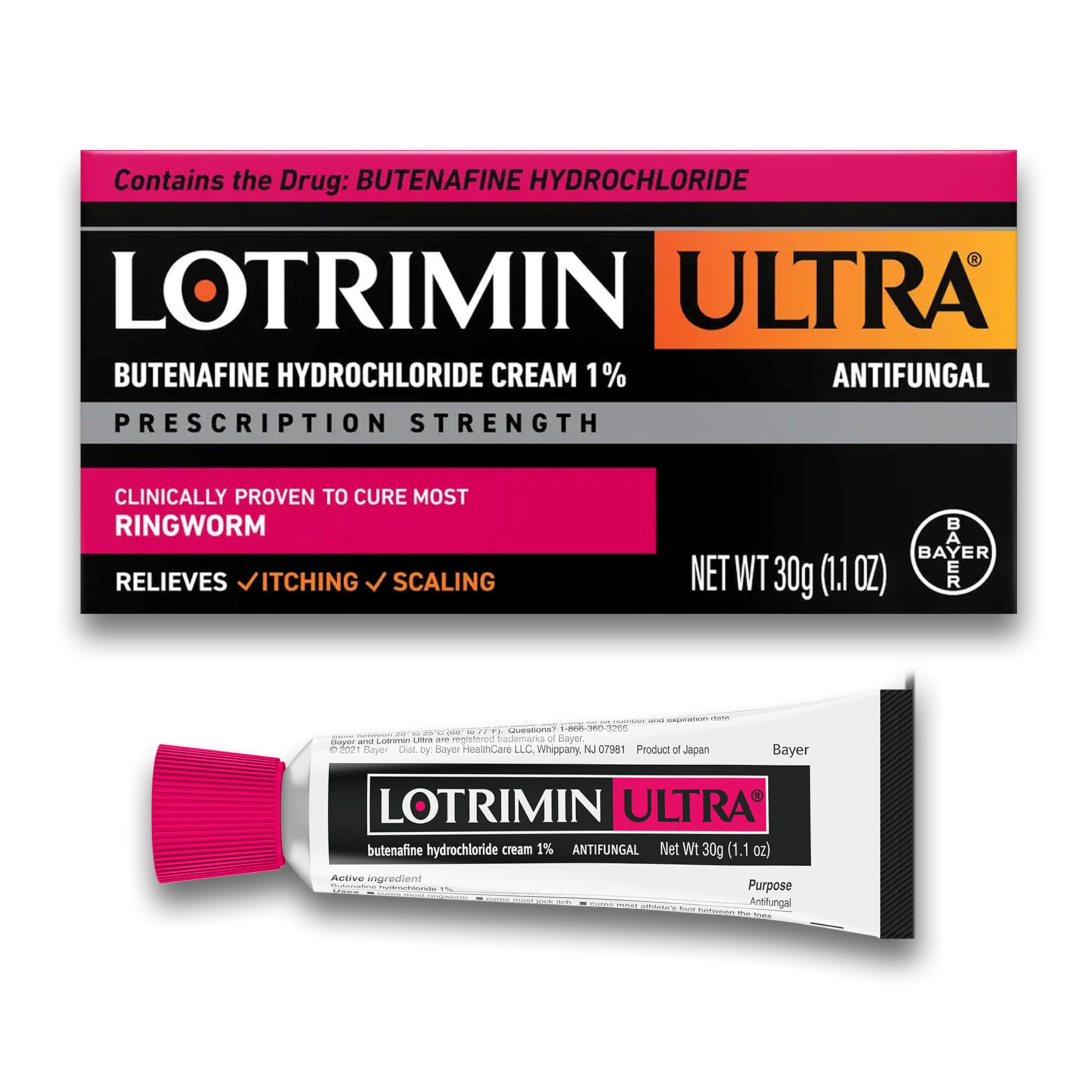 Lotrimin Ultra frente del empaque mostrando tubo y caja, marca visible y conveniencia