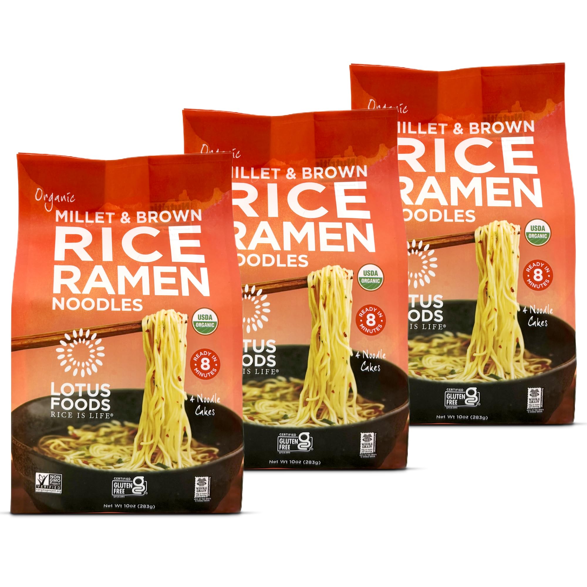 Lotus Foods paquete frontal mostrando ramen orgánico, conveniente para despensa