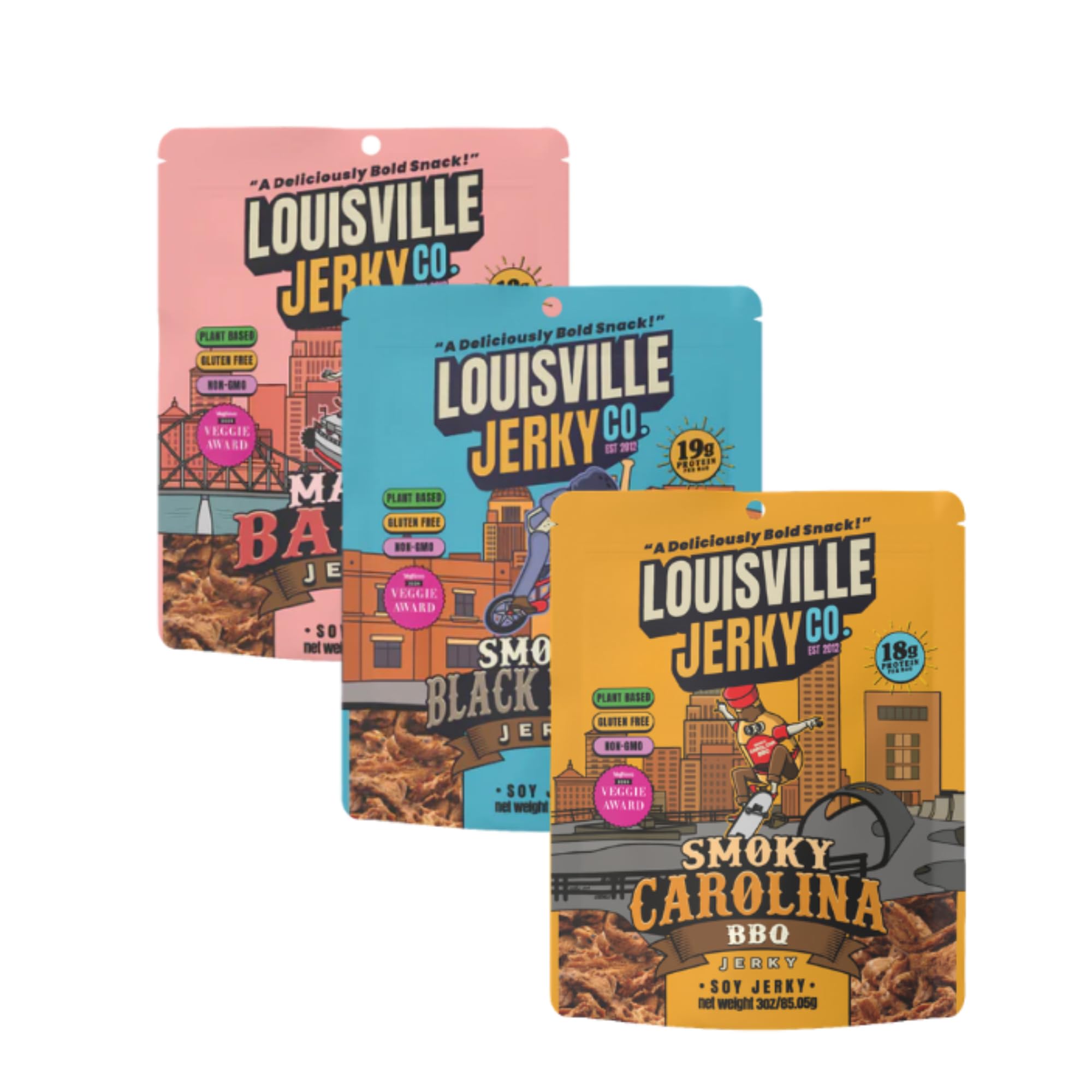Louisville Vegan Jerky front packaging showing three 3 oz bags and branding benefit