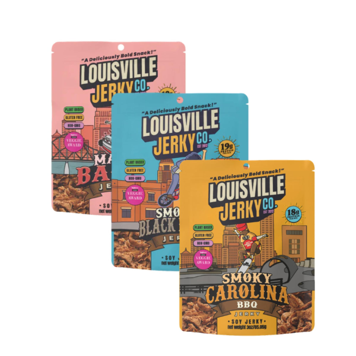 Louisville Vegan Jerky front packaging showing three 3 oz bags and branding benefit