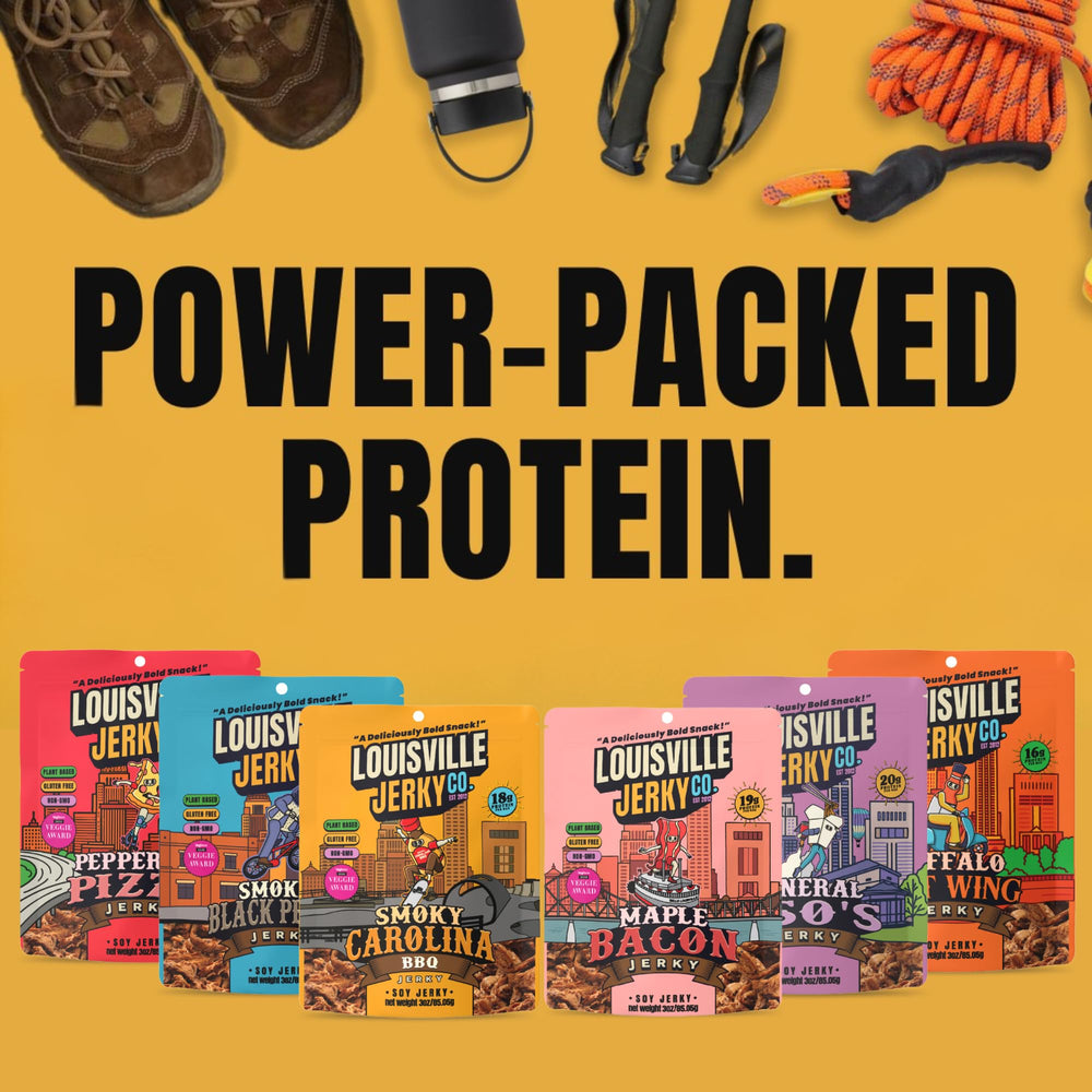Louisville Vegan Jerky in outdoor picnic scene showing portable, protein-rich snack benefit