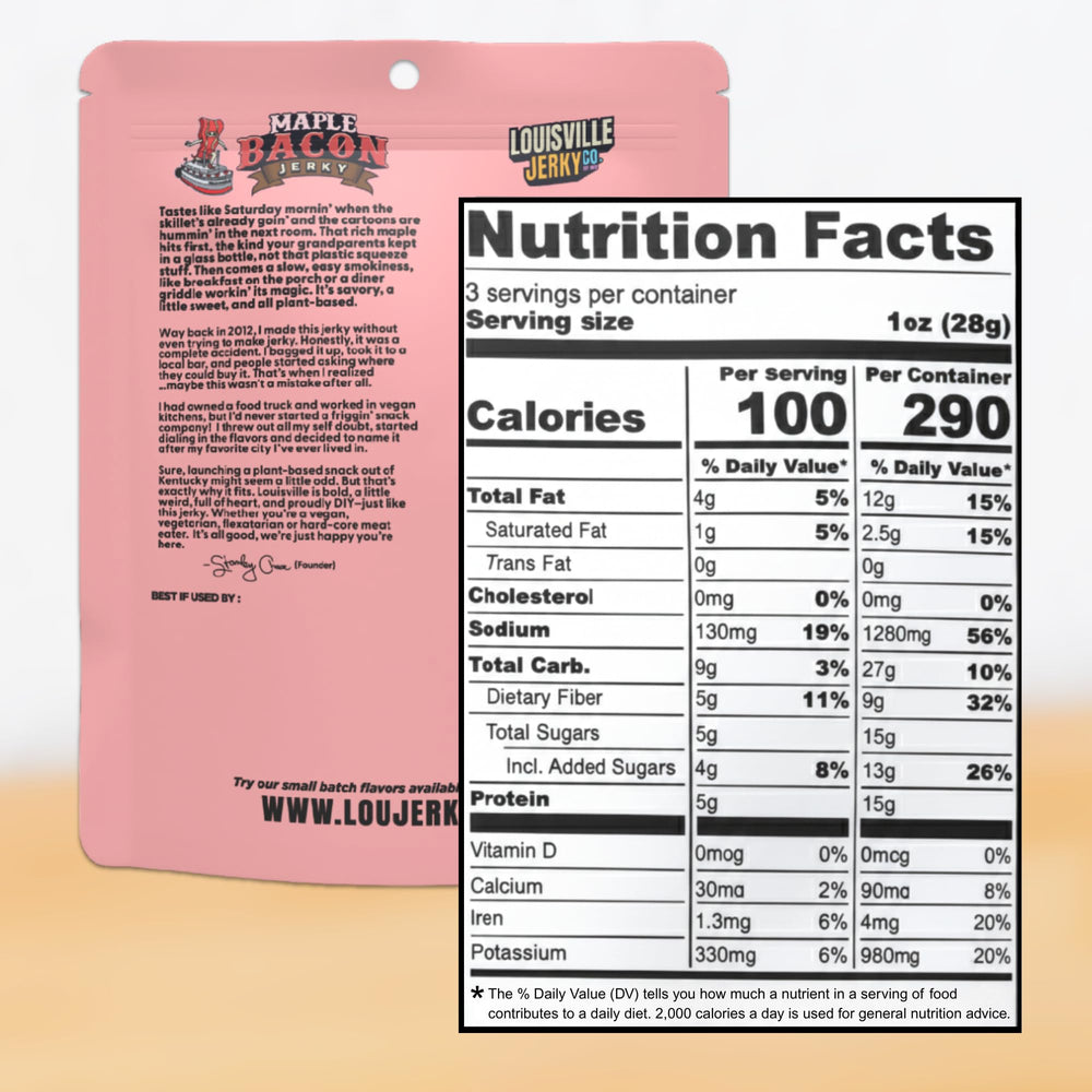 Louisville Vegan Jerky three bags stacked to display variety and convenient sampling benefit