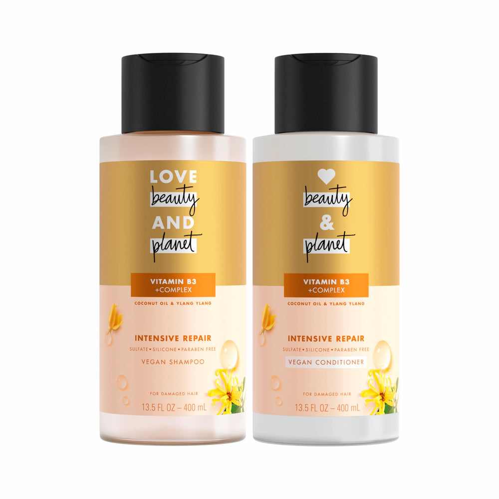 Love Beauty And Planet front packaging showing shampoo and conditioner, easy pairing benefit