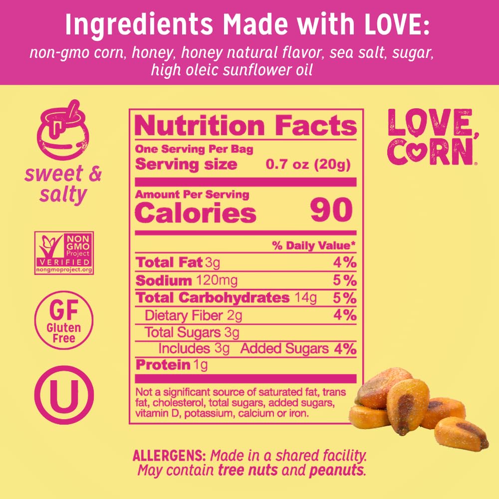 Love Corn etiqueta de ingredientes enfatizando lista simple y clara