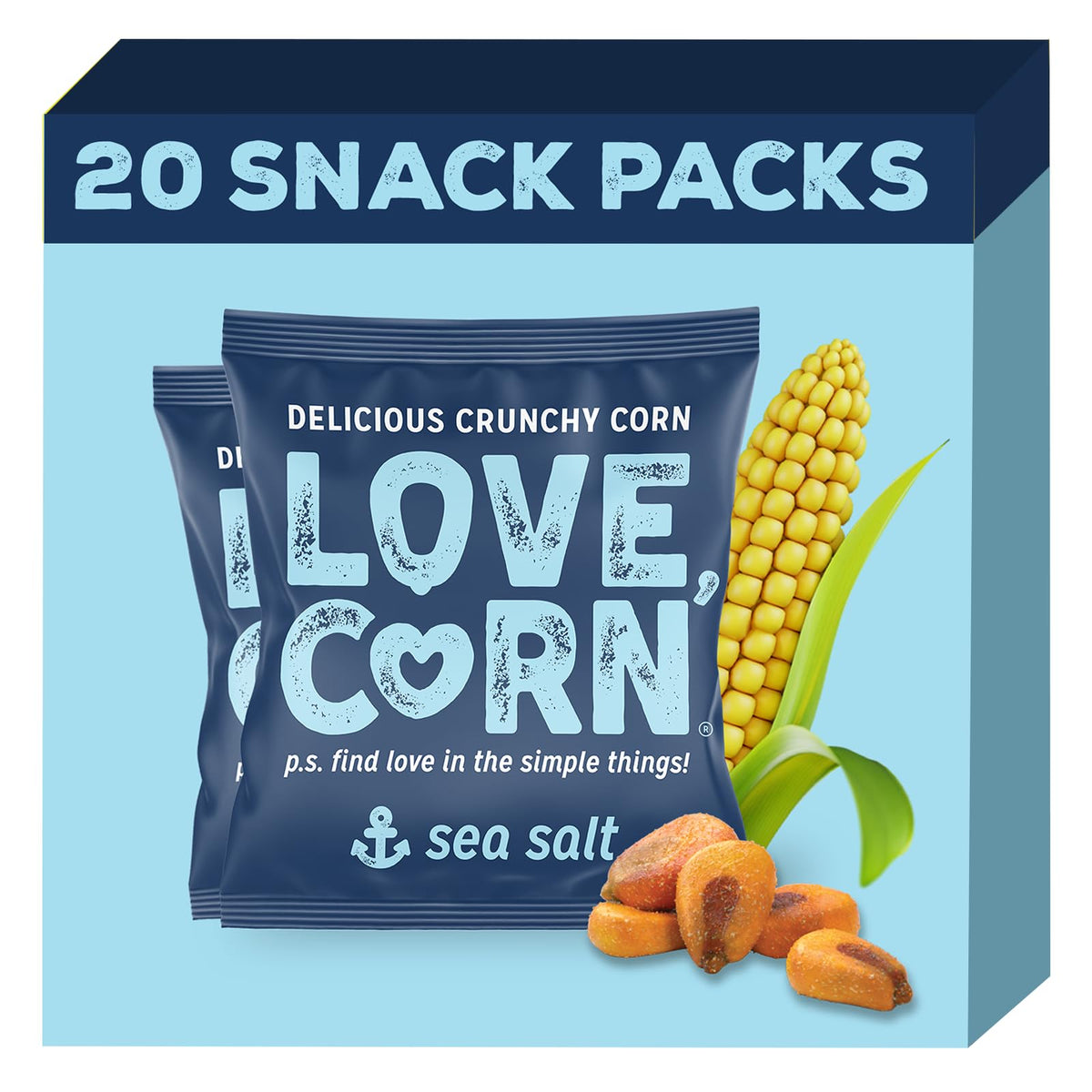 Love Corn front packaging showing single-serve bag, clear branding and convenience