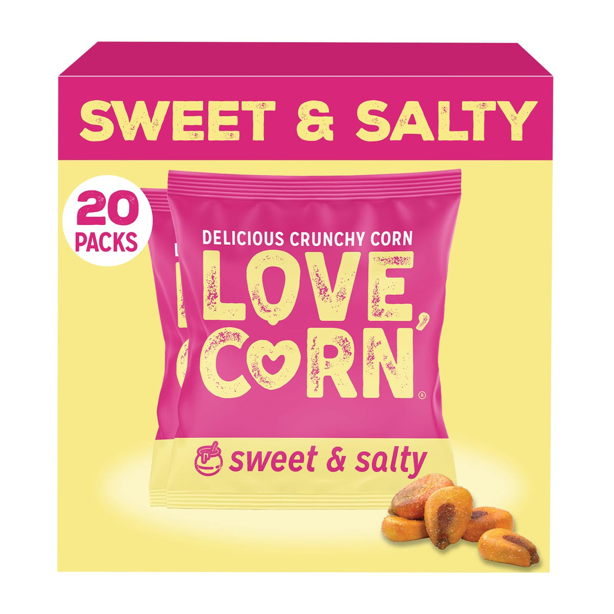 Love Corn paquete frontal mostrando 20 bolsitas y diseño atractivo
