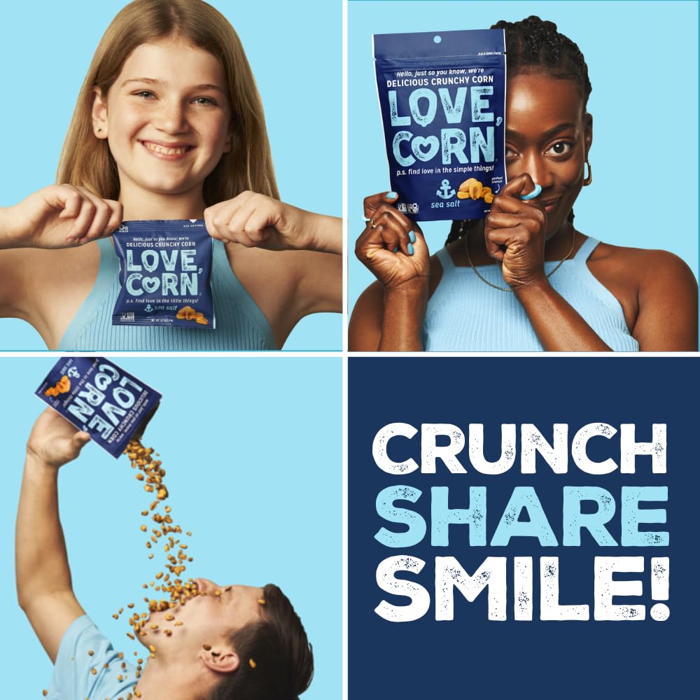 Love Corn bag held in hand for size comparison, illustrating portable single-serve benefit