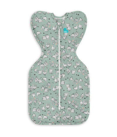 Love to Dream Swaddle Up front view in olive showing snug shoulder fit and safer sleep