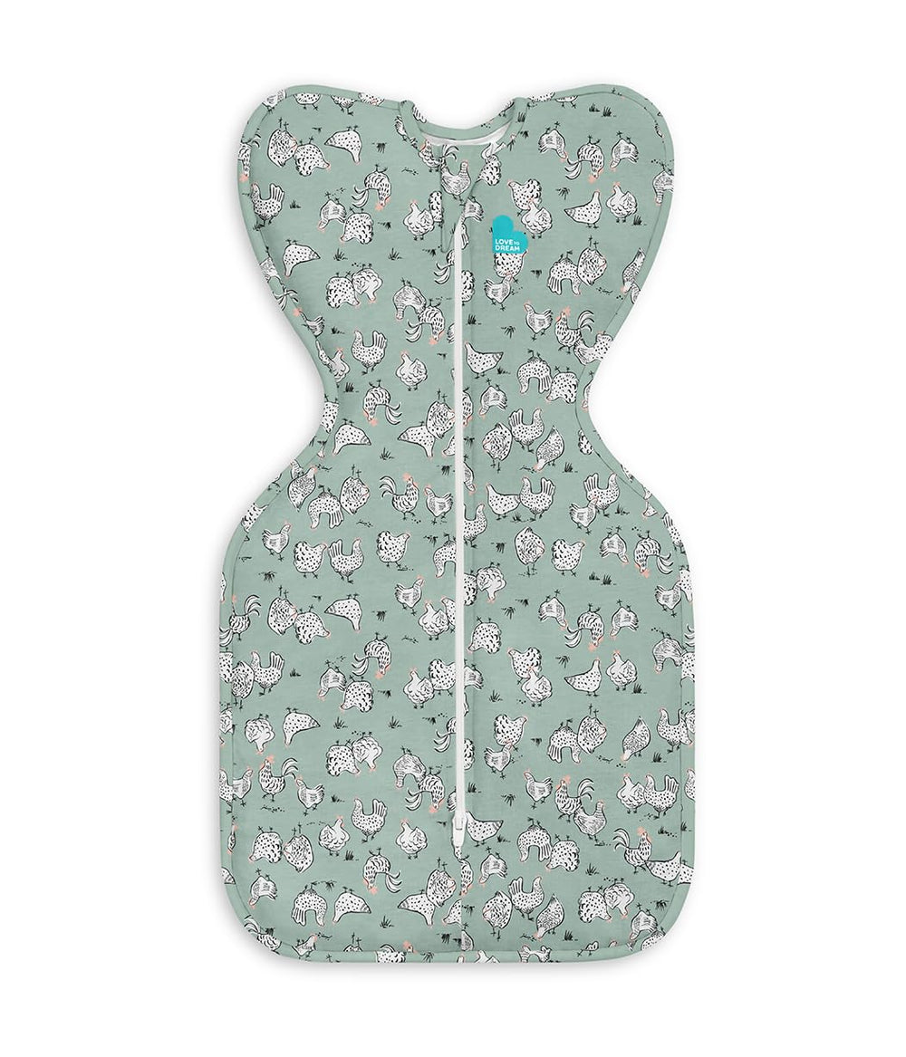 Love to Dream Swaddle Up front view in olive showing snug shoulder fit and safer sleep