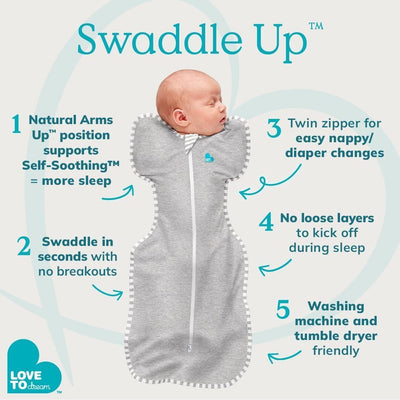 Love to Dream Swaddle Up on baby illustrating natural arms-up soothing
