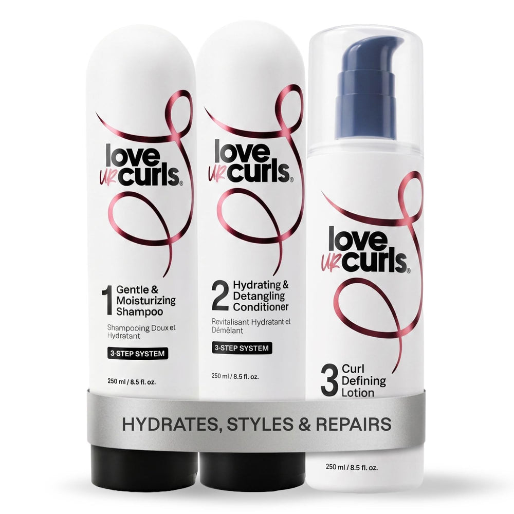 Love Ur Curls front packaging showing the full 3-step system and benefits