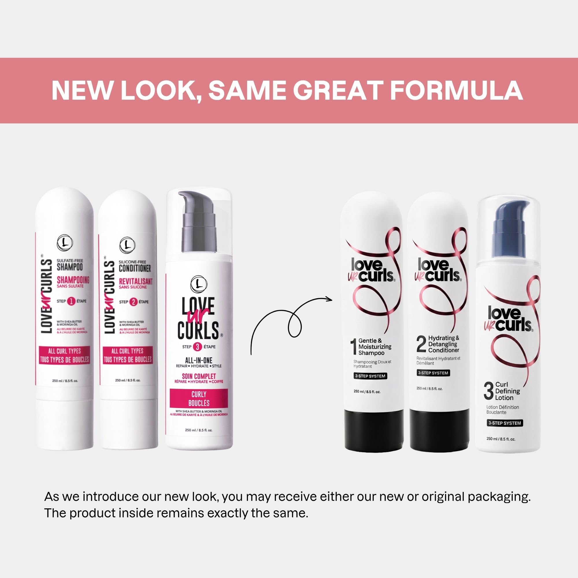 Love Ur Curls bottles next to a hand to show size and travel-friendly scale