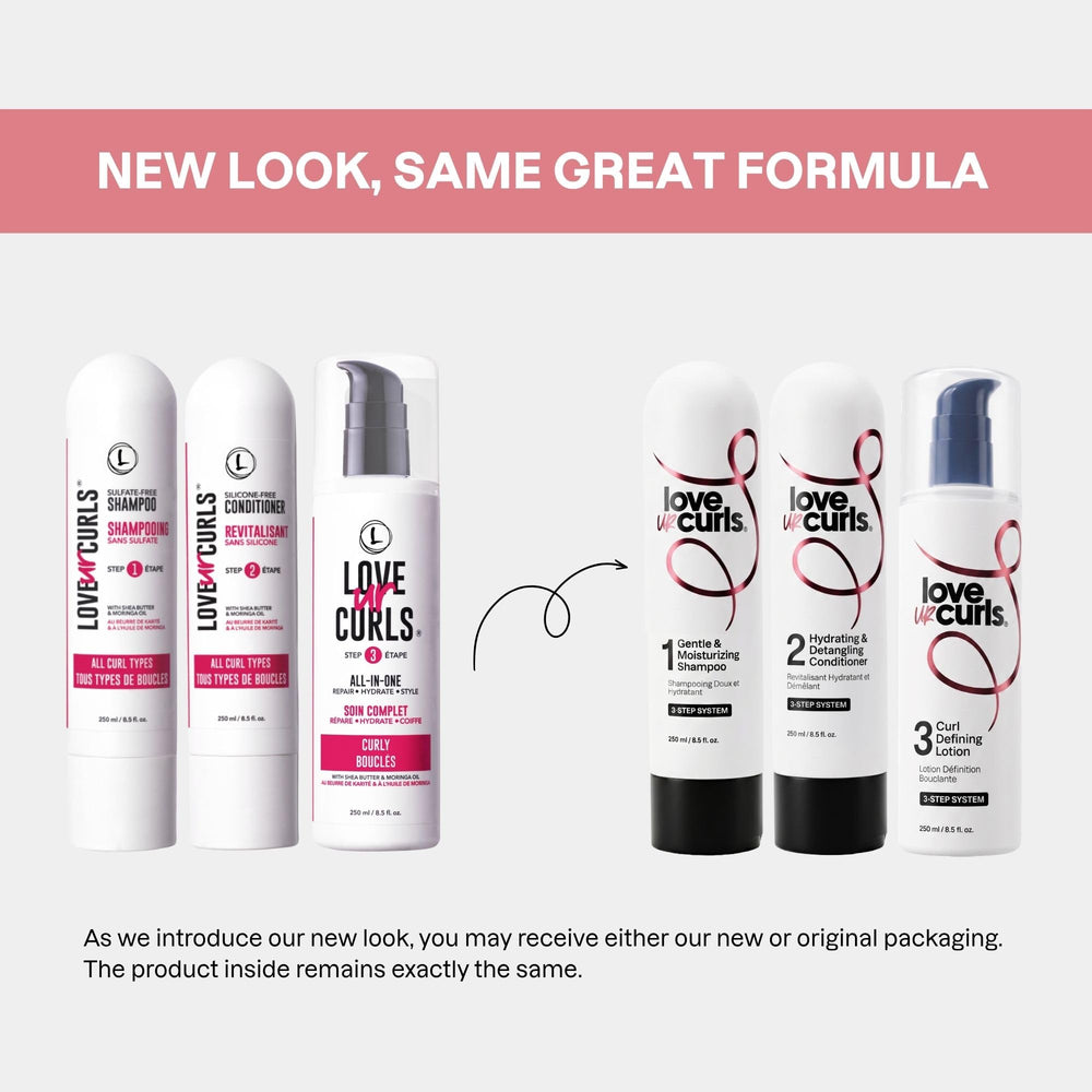 Love Ur Curls bottles next to a hand to show size and travel-friendly scale