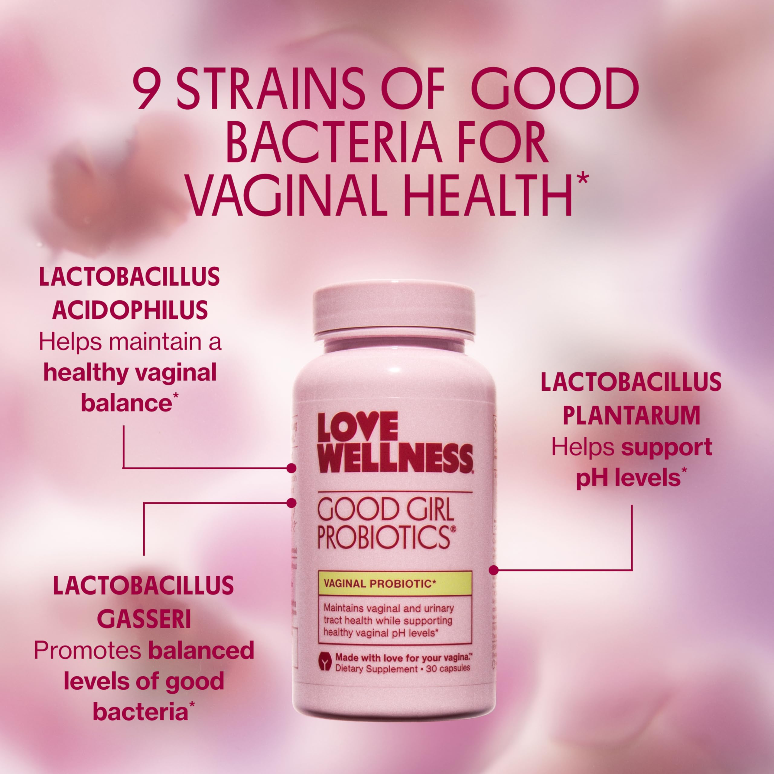 Love Wellness etiqueta con ingredientes y cepas probióticas claras