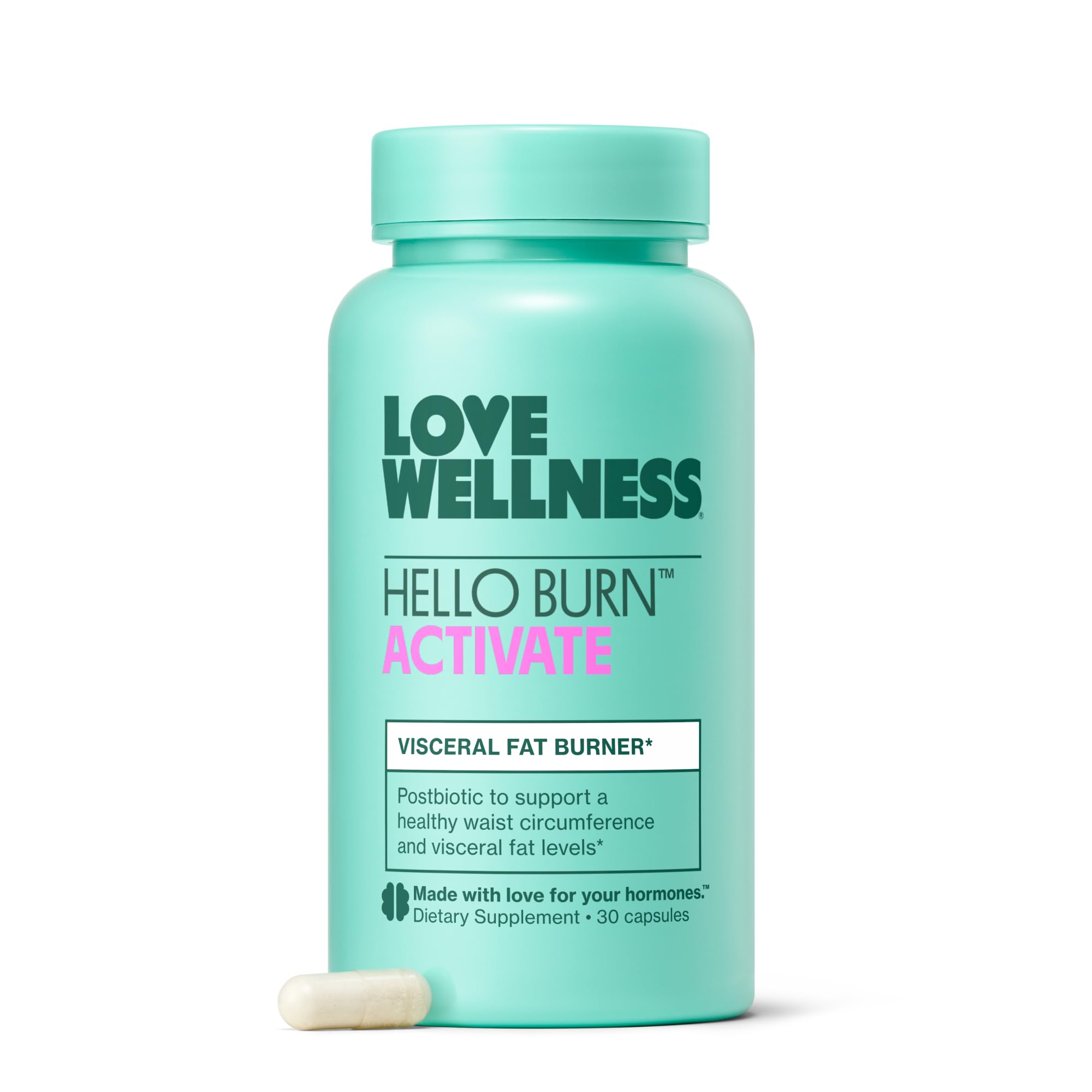 Love Wellness frasco frontal Hello Burn Activate mostrando etiqueta clara