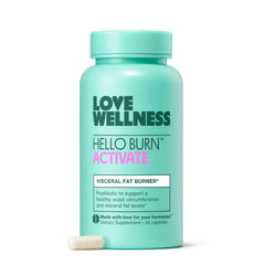 Love Wellness frasco frontal Hello Burn Activate mostrando etiqueta clara