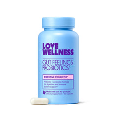 Love Wellness frasco delantero mostrando etiqueta y beneficio de equilibrio intestinal