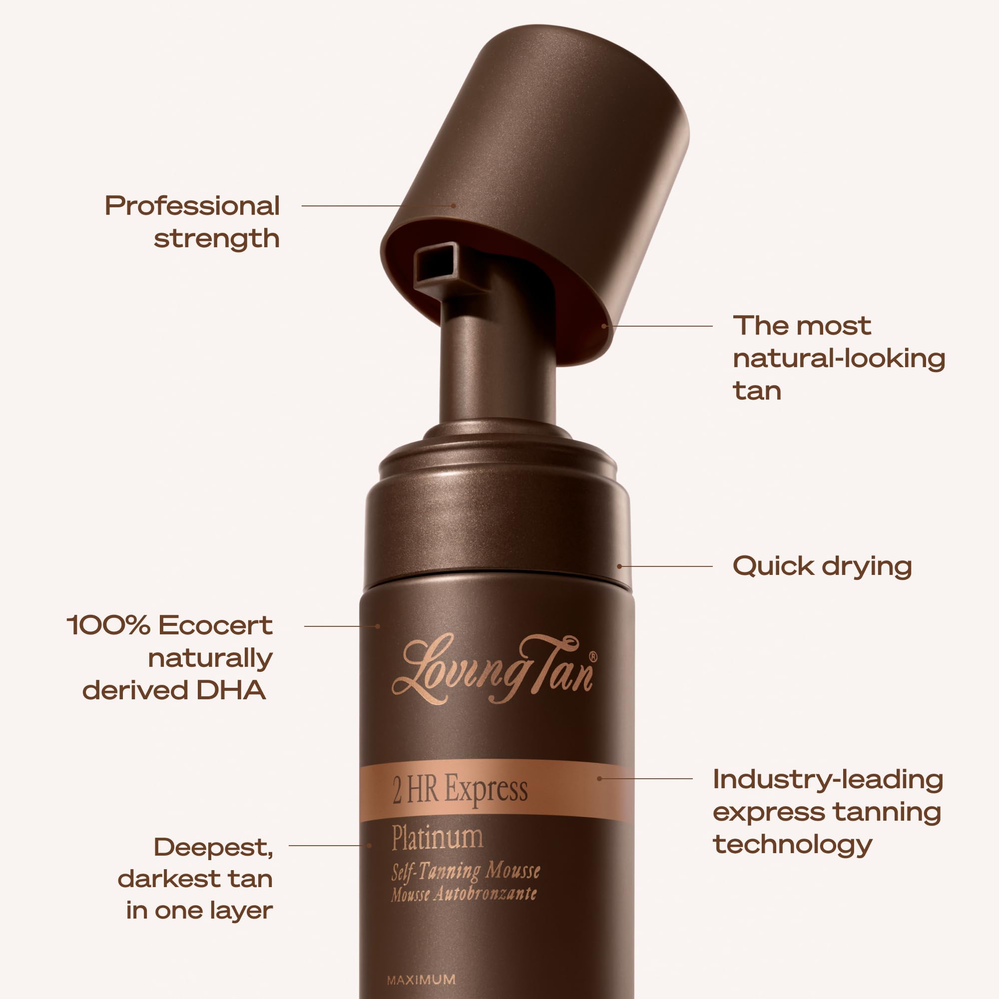Loving Tan junto a regla mostrando tamaño 3.3 fl oz para referencia de escala