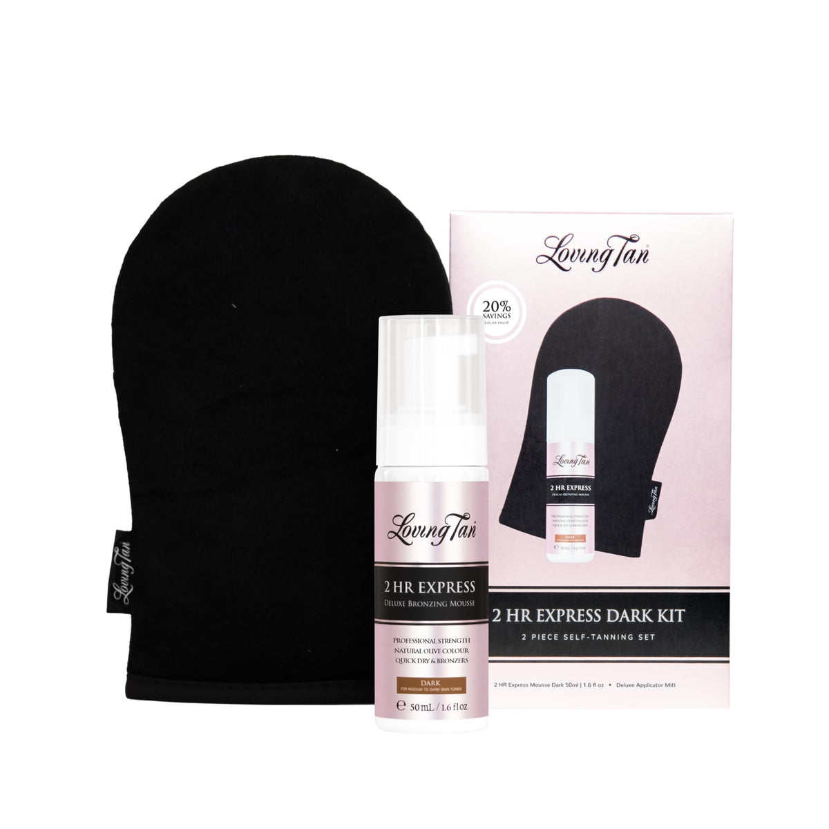 Loving Tan envase frontal del mini kit mostrando diseño renovado y portabilidad