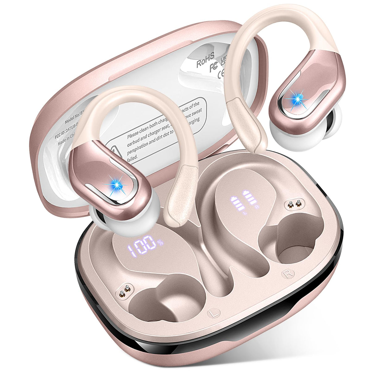 Ltinist vista frontal del estuche y auriculares mostrando diseño rosegold y portabilidad